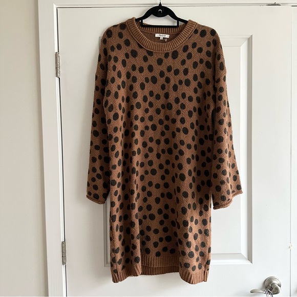 Madewell Polka Dot Crewneck Sweater Dress in Brown and Black Wool Blend - Picture 2 of 6
